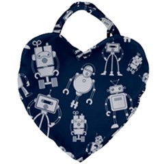 White Robot Blue Seamless Pattern Giant Heart Shaped Tote by Vaneshart