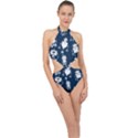 White Robot Blue Seamless Pattern Halter Side Cut Swimsuit View1