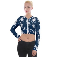 White Robot Blue Seamless Pattern Long Sleeve Cropped Velvet Jacket by Vaneshart