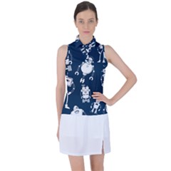 White Robot Blue Seamless Pattern Women s Sleeveless Polo Tee