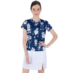 White Robot Blue Seamless Pattern Women s Sports Top