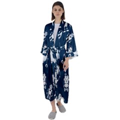 White Robot Blue Seamless Pattern Maxi Satin Kimono by Vaneshart