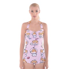 Set Kawaii Smile Japanese Dog Cartoon Boyleg Halter Swimsuit  by Vaneshart