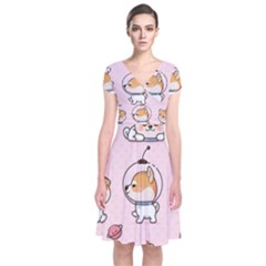 Set Kawaii Smile Japanese Dog Cartoon Short Sleeve Front Wrap Dress by Vaneshart