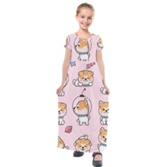 Set Kawaii Smile Japanese Dog Cartoon Kids  Short Sleeve Maxi Dress by Vaneshart