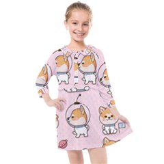 Set Kawaii Smile Japanese Dog Cartoon Kids  Quarter Sleeve Shirt Dress by Vaneshart