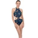 Monster Alien Pattern Seamless Background Halter Side Cut Swimsuit View1