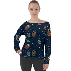 Monster Alien Pattern Seamless Background Off Shoulder Long Sleeve Velour Top by Vaneshart