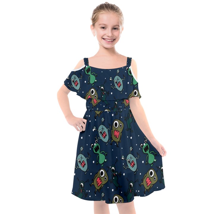 Monster Alien Pattern Seamless Background Kids  Cut Out Shoulders Chiffon Dress