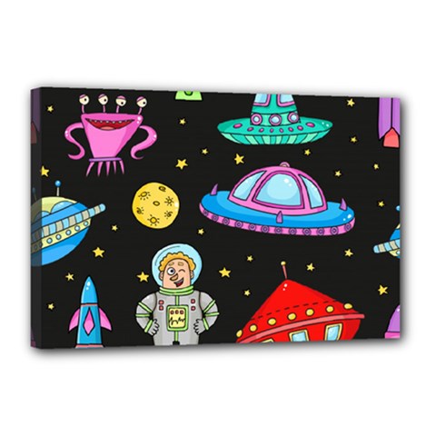 Seamless Pattern With Space Objects Ufo Rockets Aliens Hand Drawn Elements Space Canvas 18  X 12  (stretched) by Vaneshart