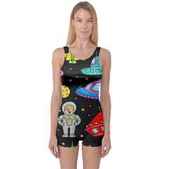 Seamless Pattern With Space Objects Ufo Rockets Aliens Hand Drawn Elements Space One Piece Boyleg Swimsuit by Vaneshart