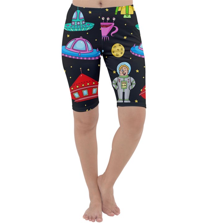 Seamless Pattern With Space Objects Ufo Rockets Aliens Hand Drawn Elements Space Cropped Leggings 