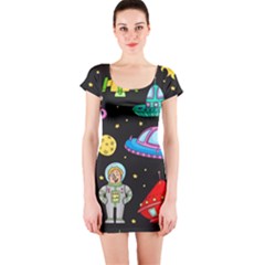 Seamless Pattern With Space Objects Ufo Rockets Aliens Hand Drawn Elements Space Short Sleeve Bodycon Dress by Vaneshart