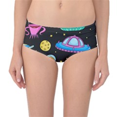 Seamless Pattern With Space Objects Ufo Rockets Aliens Hand Drawn Elements Space Mid-waist Bikini Bottoms by Vaneshart