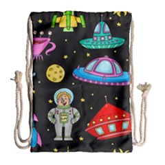 Seamless Pattern With Space Objects Ufo Rockets Aliens Hand Drawn Elements Space Drawstring Bag (large) by Vaneshart