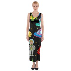 Seamless Pattern With Space Objects Ufo Rockets Aliens Hand Drawn Elements Space Fitted Maxi Dress by Vaneshart