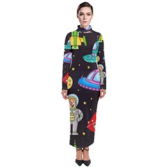 Seamless Pattern With Space Objects Ufo Rockets Aliens Hand Drawn Elements Space Turtleneck Maxi Dress by Vaneshart