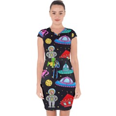 Seamless Pattern With Space Objects Ufo Rockets Aliens Hand Drawn Elements Space Capsleeve Drawstring Dress  by Vaneshart