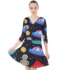 Seamless Pattern With Space Objects Ufo Rockets Aliens Hand Drawn Elements Space Quarter Sleeve Front Wrap Dress by Vaneshart