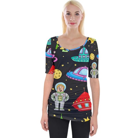 Seamless Pattern With Space Objects Ufo Rockets Aliens Hand Drawn Elements Space Wide Neckline Tee by Vaneshart