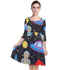 Seamless Pattern With Space Objects Ufo Rockets Aliens Hand Drawn Elements Space Quarter Sleeve Waist Band Dress by Vaneshart