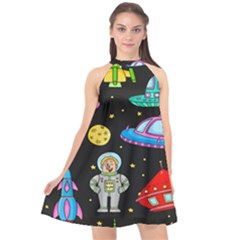 Seamless Pattern With Space Objects Ufo Rockets Aliens Hand Drawn Elements Space Halter Neckline Chiffon Dress  by Vaneshart