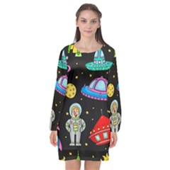 Seamless Pattern With Space Objects Ufo Rockets Aliens Hand Drawn Elements Space Long Sleeve Chiffon Shift Dress  by Vaneshart