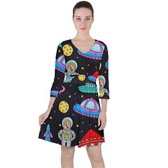 Seamless Pattern With Space Objects Ufo Rockets Aliens Hand Drawn Elements Space Ruffle Dress by Vaneshart