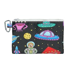 Seamless Pattern With Space Objects Ufo Rockets Aliens Hand Drawn Elements Space Canvas Cosmetic Bag (medium) by Vaneshart