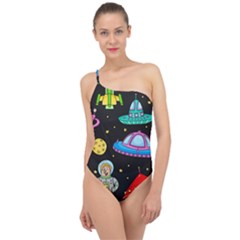 Seamless Pattern With Space Objects Ufo Rockets Aliens Hand Drawn Elements Space Classic One Shoulder Swimsuit