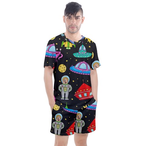 Seamless Pattern With Space Objects Ufo Rockets Aliens Hand Drawn Elements Space Men s Mesh Tee And Shorts Set by Vaneshart