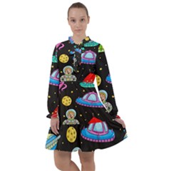 Seamless Pattern With Space Objects Ufo Rockets Aliens Hand Drawn Elements Space All Frills Chiffon Dress