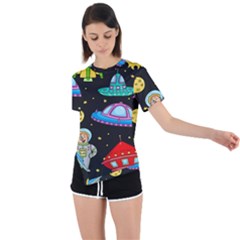 Seamless Pattern With Space Objects Ufo Rockets Aliens Hand Drawn Elements Space Asymmetrical Short Sleeve Sports Tee by Vaneshart