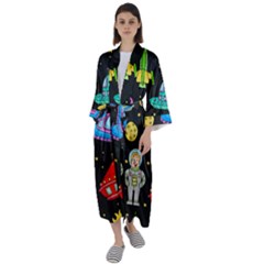 Seamless Pattern With Space Objects Ufo Rockets Aliens Hand Drawn Elements Space Maxi Satin Kimono by Vaneshart