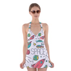 Space Cosmos Seamless Pattern Seamless Pattern Doodle Style Halter Dress Swimsuit  by Vaneshart