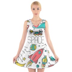 Space Cosmos Seamless Pattern Seamless Pattern Doodle Style V-neck Sleeveless Dress by Vaneshart