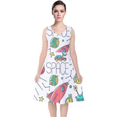 Space Cosmos Seamless Pattern Seamless Pattern Doodle Style V-neck Midi Sleeveless Dress  by Vaneshart