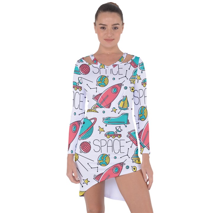 Space Cosmos Seamless Pattern Seamless Pattern Doodle Style Asymmetric Cut-Out Shift Dress