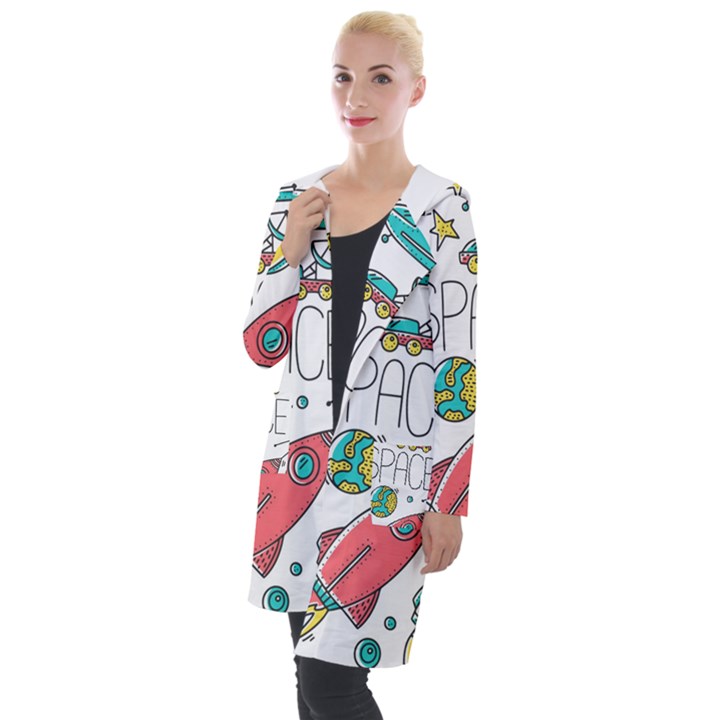 Space Cosmos Seamless Pattern Seamless Pattern Doodle Style Hooded Pocket Cardigan