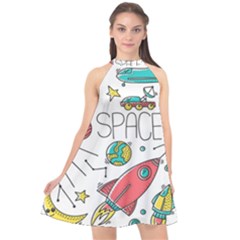 Space Cosmos Seamless Pattern Seamless Pattern Doodle Style Halter Neckline Chiffon Dress  by Vaneshart