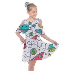 Space Cosmos Seamless Pattern Seamless Pattern Doodle Style Kids  Shoulder Cutout Chiffon Dress by Vaneshart