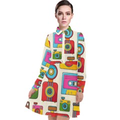 Retro Cameras Audio Cassettes Hand Drawn Pop Art Style Seamless Pattern Long Sleeve Chiffon Shirt Dress by Vaneshart