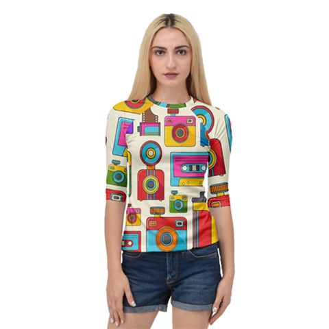 Retro Cameras Audio Cassettes Hand Drawn Pop Art Style Seamless Pattern Quarter Sleeve Raglan Tee by Vaneshart