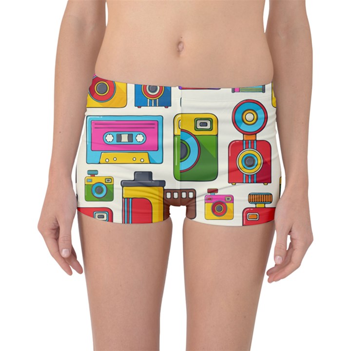 Retro Cameras Audio Cassettes Hand Drawn Pop Art Style Seamless Pattern Boyleg Bikini Bottoms