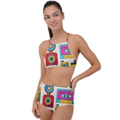 Retro Cameras Audio Cassettes Hand Drawn Pop Art Style Seamless Pattern High Waist Tankini Set