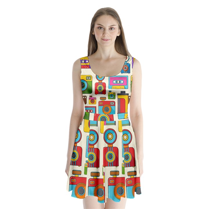 Retro Cameras Audio Cassettes Hand Drawn Pop Art Style Seamless Pattern Split Back Mini Dress 