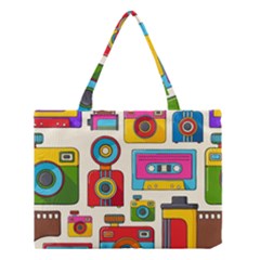 Retro Cameras Audio Cassettes Hand Drawn Pop Art Style Seamless Pattern Medium Tote Bag by Vaneshart