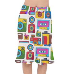 Retro Cameras Audio Cassettes Hand Drawn Pop Art Style Seamless Pattern Short Mermaid Skirt by Vaneshart