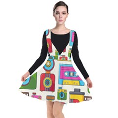 Retro Cameras Audio Cassettes Hand Drawn Pop Art Style Seamless Pattern Plunge Pinafore Dress