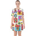 Retro Cameras Audio Cassettes Hand Drawn Pop Art Style Seamless Pattern Sixties Short Sleeve Mini Dress View1